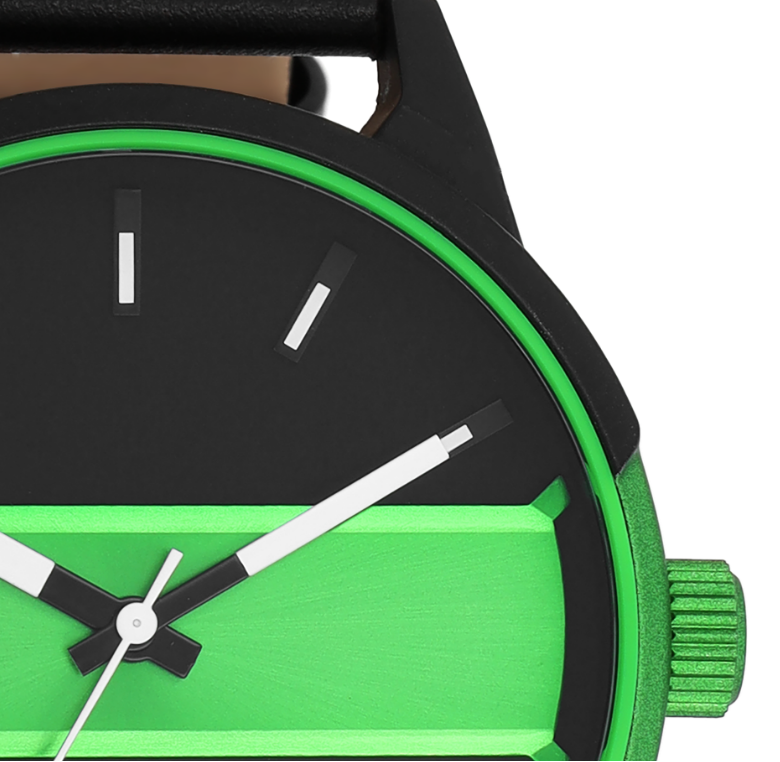 OOZOO Uhr Aluminiumgehäuse Schwarz Plattiert Lederrmband Schwarz Zifferblatt Fluo Neon-Grün Schwarz 48 mm C11234 Detail