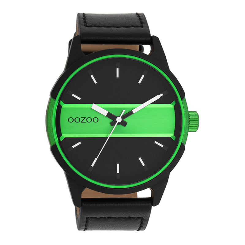OOZOO Uhr Aluminiumgehäuse Schwarz Plattiert Lederrmband Schwarz Zifferblatt Fluo Neon-Grün Schwarz 48 mm C11234