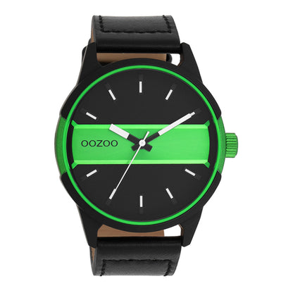 OOZOO Uhr Aluminiumgehäuse Schwarz Plattiert Lederrmband Schwarz Zifferblatt Fluo Neon-Grün Schwarz 48 mm C11234