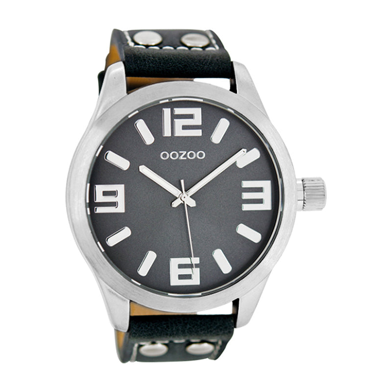 OOZOO Uhr Dunkelblau Edelstahlgehäuse Lederarmband Große Ziffern 46 mm C1062