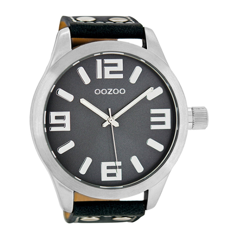 OOZOO Uhr Dunkelblau Edelstahlgehäuse Lederarmband Große Ziffern 51 mm C1012
