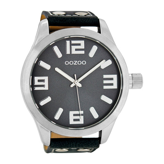 OOZOO Uhr Dunkelblau Edelstahlgehäuse Lederarmband Große Ziffern 51 mm C1012