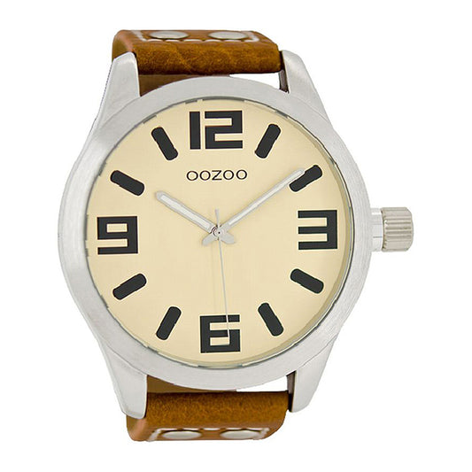 OOZOO Uhr Edelstahlgehäuse Lederarmband Braun Zifferblatt Beige Große Ziffern 51 mm C1002