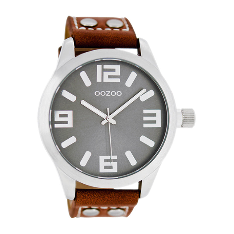 OOZOO Uhr Edelstahlgehäuse Lederarmband Braun Zifferblatt Grau Große Ziffern 46 mm C1063