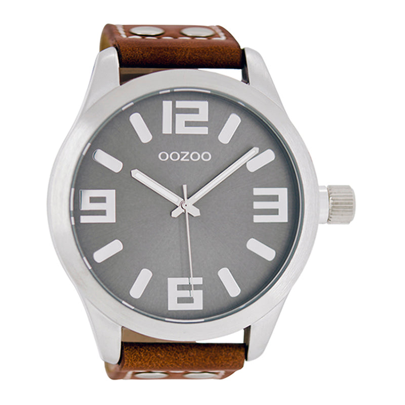 OOZOO Uhr Edelstahlgehäuse Lederarmband Braun Zifferblatt Grau Große Ziffern 51 mm C1013
