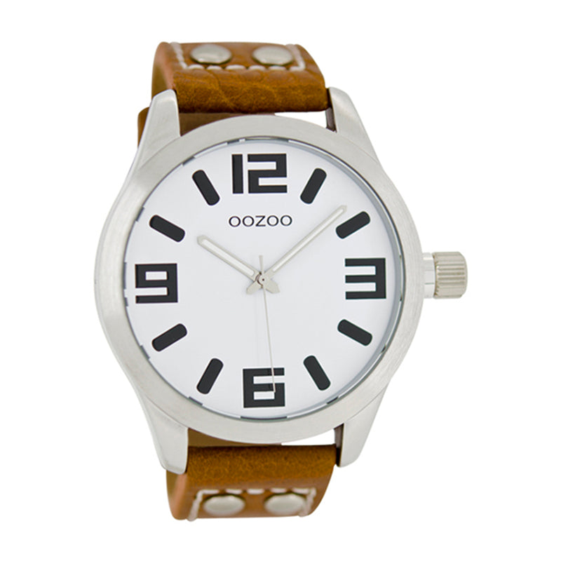 OOZOO Uhr Edelstahlgehäuse Lederarmband Braun Zifferblatt Weiß Große Ziffern 46 mm C1051