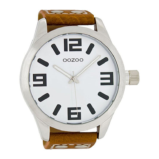 OOZOO Uhr Edelstahlgehäuse Lederarmband Braun Zifferblatt Weiß Große Ziffern 51 mm C1001
