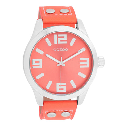 OOZOO Uhr Edelstahlgehäuse Lederarmband Fluo Coral 46 mm C1073