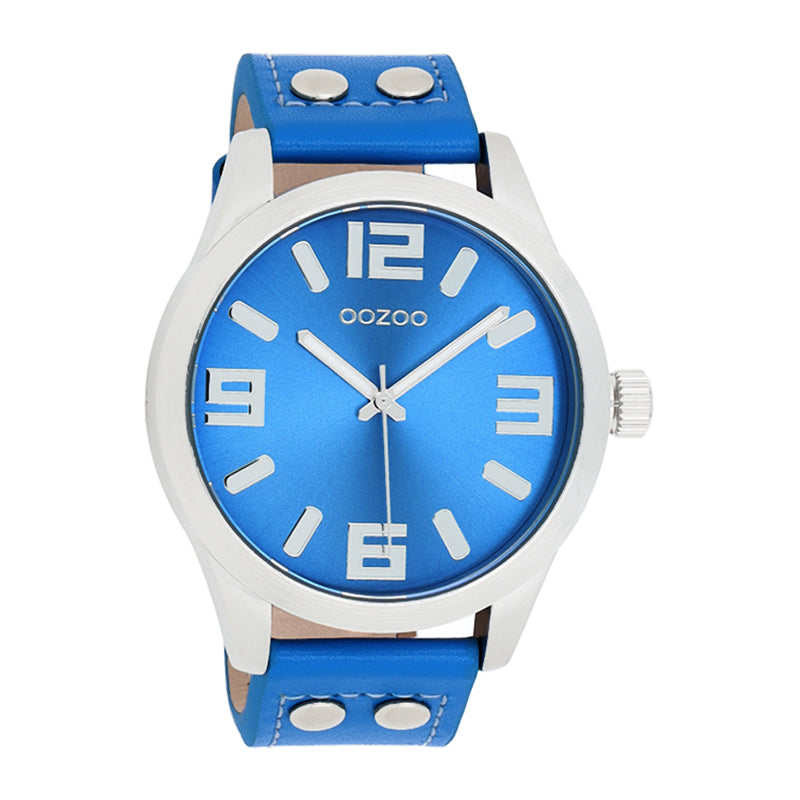 OOZOO Uhr Edelstahlgehäuse Lederarmband Fluo Blau 46 mm C1076
