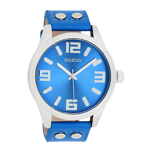 OOZOO Uhr Edelstahlgehäuse Lederarmband Fluo Blau 46 mm C1076
