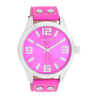 OOZOO Uhr Edelstahlgehäuse Lederarmband Fluo Pink 46 mm C1074
