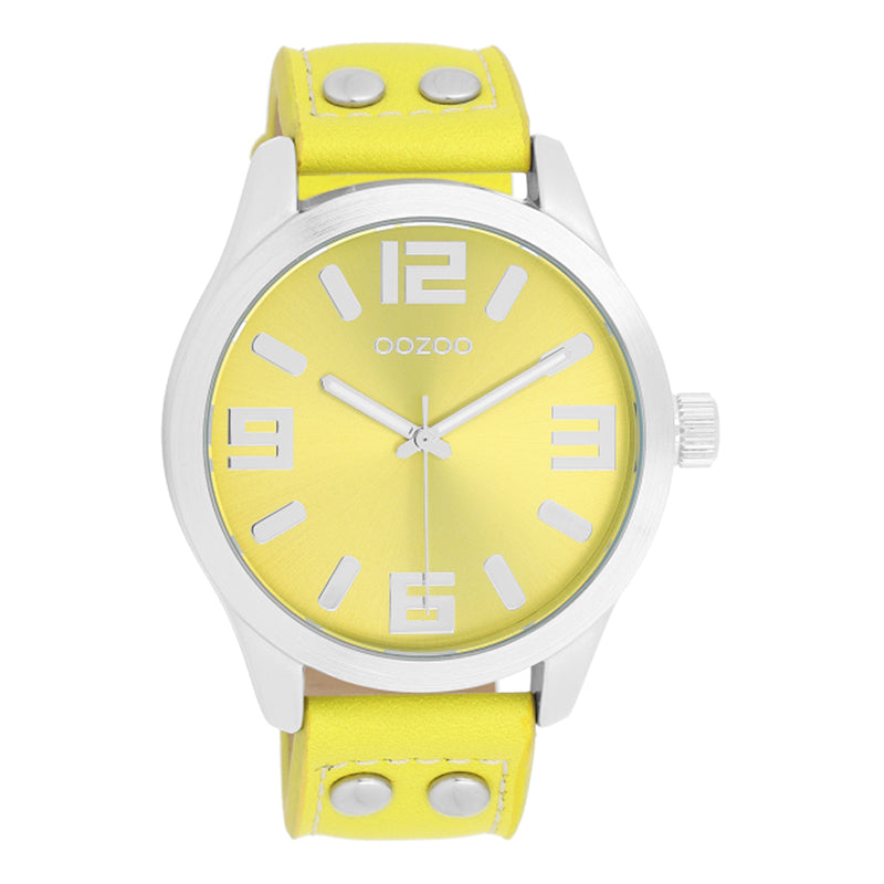 OOZOO Uhr Edelstahlgehäuse Lederarmband Fluo Gelb 46 mm C1072