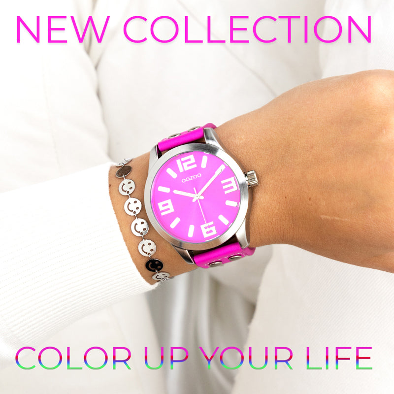 OOZOO Uhr Edelstahlgehäuse Lederarmband Neon Pink Fluo 46 mm 