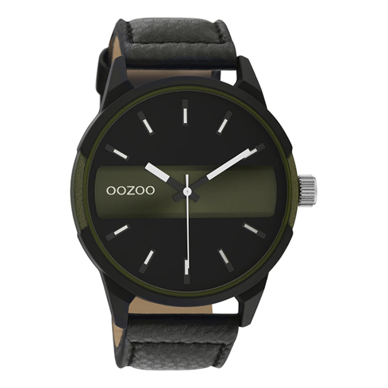 OOZOO Uhr Lederarmband Schwarz Zifferblatt Oliv Schwarz 48 mm C11002