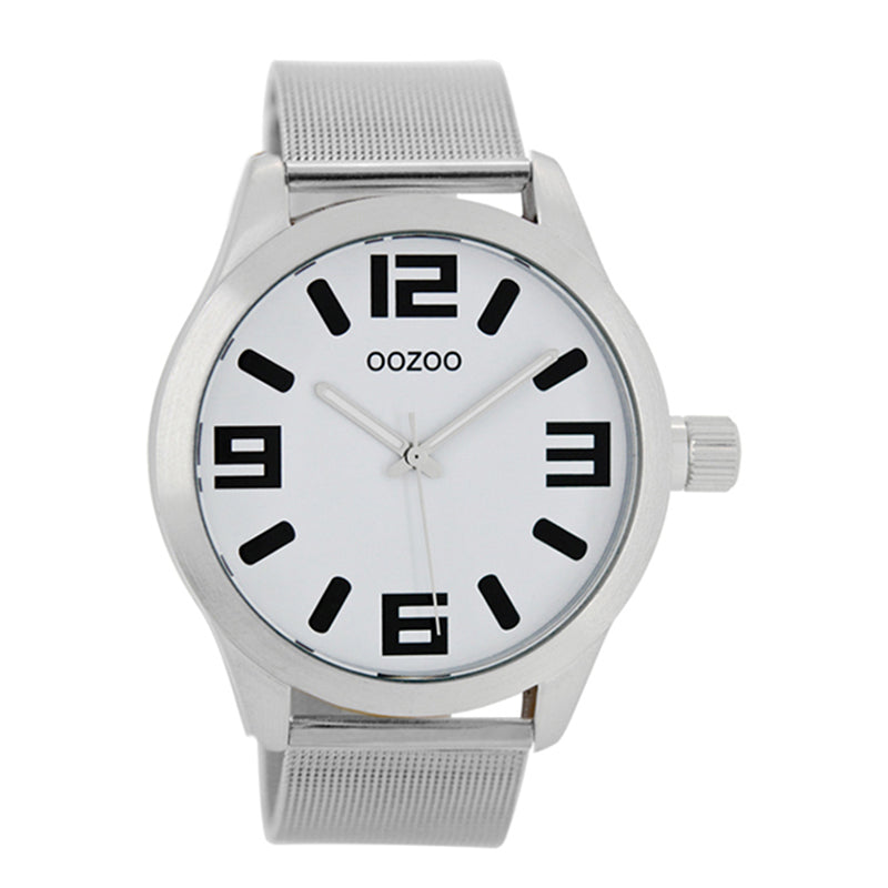 OOZOO Uhr Mesh-Armband Edelstahl Weiß Große Ziffern 46 mm C9282M