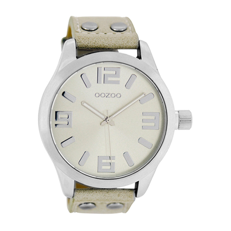 OOZOO Uhr Sandfarben Beige Natur Edelstahlgehäuse Lederarmband Große Ziffern 46 mm C1056
