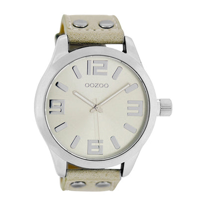 OOZOO Uhr Sandfarben Beige Natur Edelstahlgehäuse Lederarmband Große Ziffern 46 mm C1056