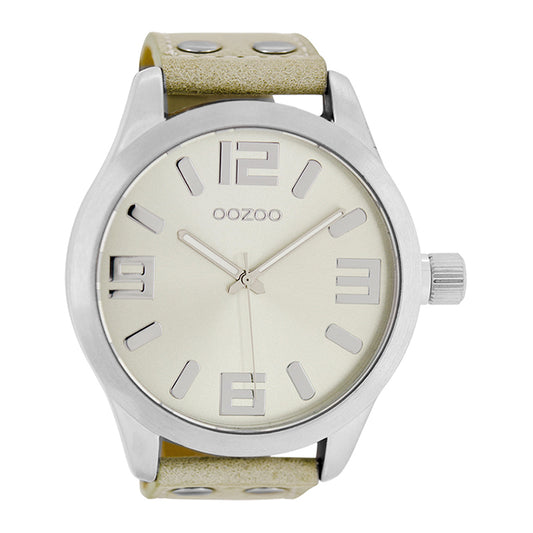 OOZOO Uhr Sandfarben Beige Natur Edelstahlgehäuse Lederarmband Große Ziffern 51 mm C1006