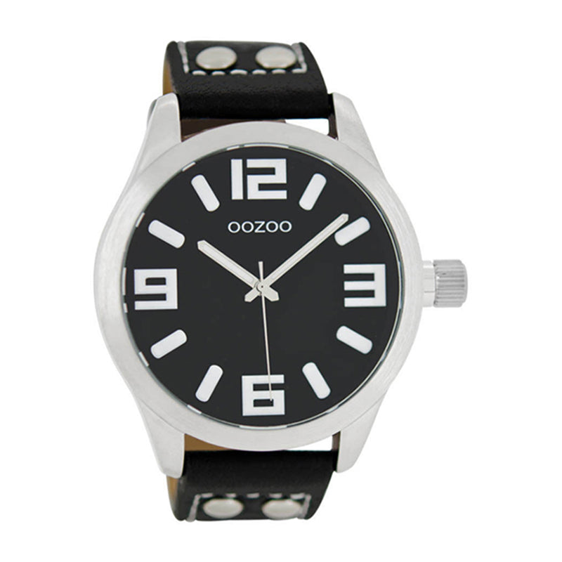 OOZOO Uhr Schwarz Edelstahlgehäuse Lederarmband Große Ziffern 46 mm C1054
