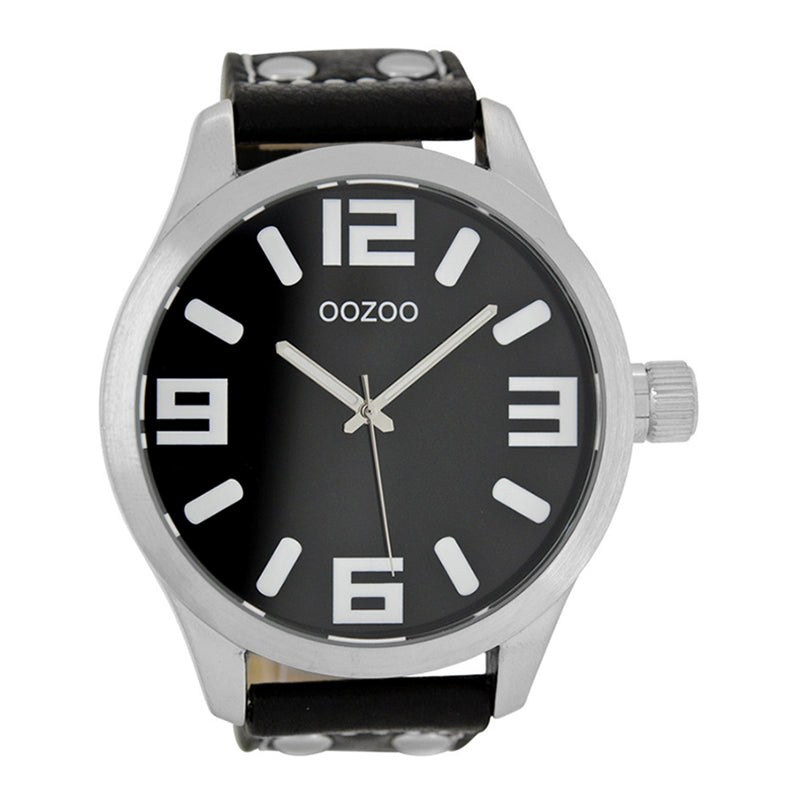 OOZOO Uhr Schwarz Edelstahlgehäuse Lederarmband Große Ziffern 51 mm C1004