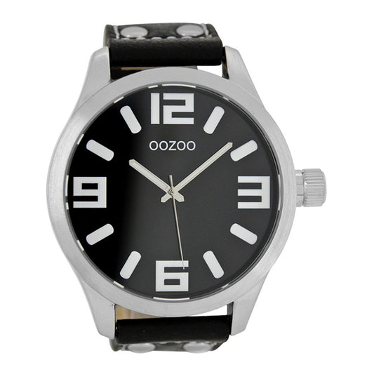 OOZOO Uhr Schwarz Edelstahlgehäuse Lederarmband Große Ziffern 51 mm C1004
