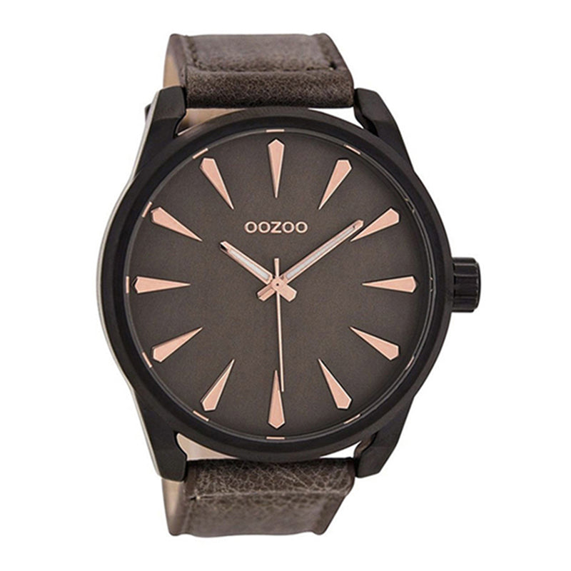 OOZOO Uhr Schwarz Plattiert Lederarmband Braun Zifferblatt Braun Ziffern Roséfarben 48 mm C8228