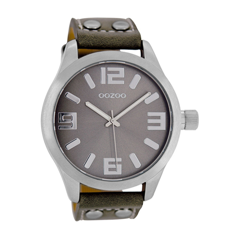 OOZOO Uhr Taupe Edelstahlgehäuse Lederarmband Große Ziffern 46 mm C1057