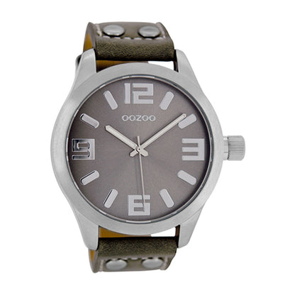 OOZOO Uhr Taupe Edelstahlgehäuse Lederarmband Große Ziffern 46 mm C1057