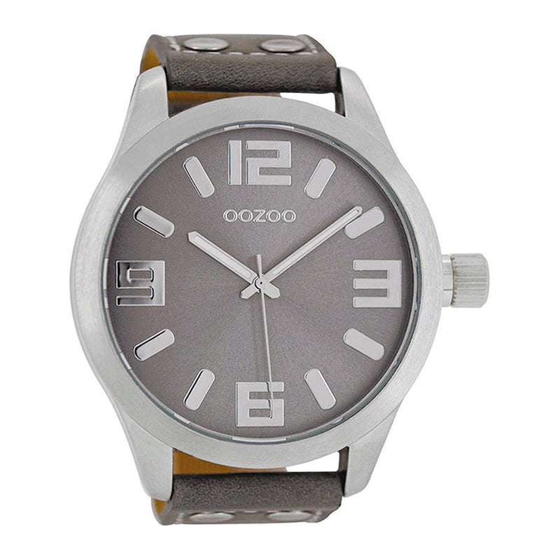 OOZOO Uhr Taupe Edelstahlgehäuse Lederarmband Große Ziffern 51 mm C1007