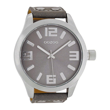 OOZOO Uhr Taupe Edelstahlgehäuse Lederarmband Große Ziffern 51 mm C1007