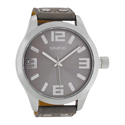 OOZOO Uhr Taupe Edelstahlgehäuse Lederarmband Große Ziffern 51 mm C1007