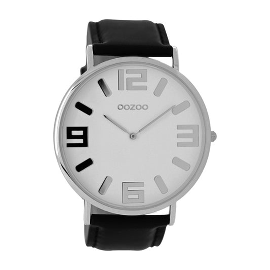 OOZOO Uhr Ultra Slim Flach Lederarband Schwarz Zifferblatt Weiß 48 mm C8854