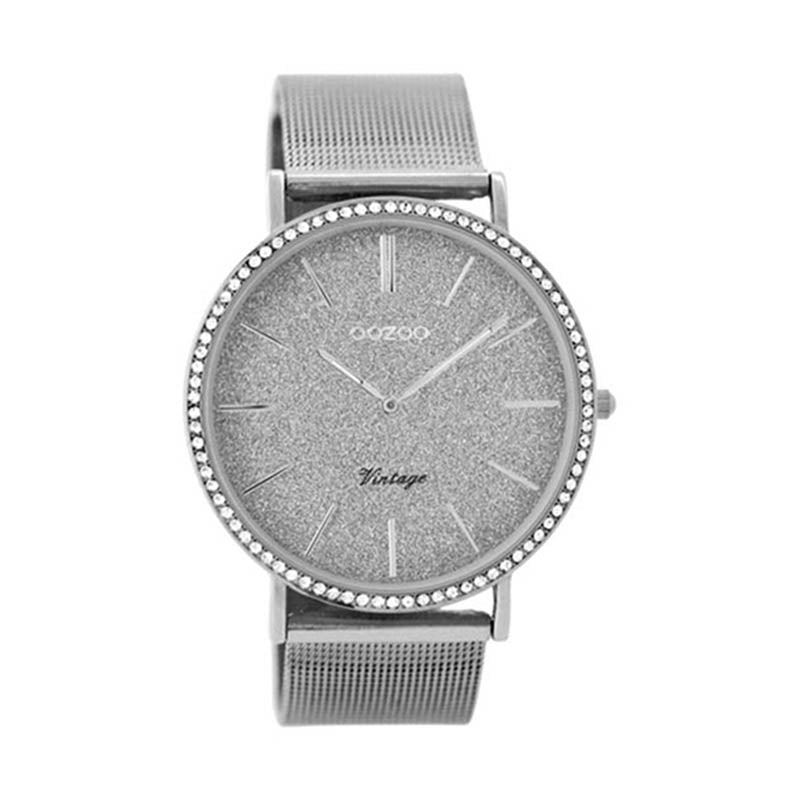 OOZOO Uhr Ultra Slim Flach Mesh-Armband Edelstahl Zifferblatt Grau Kristall-Lünette 40 mm C8891