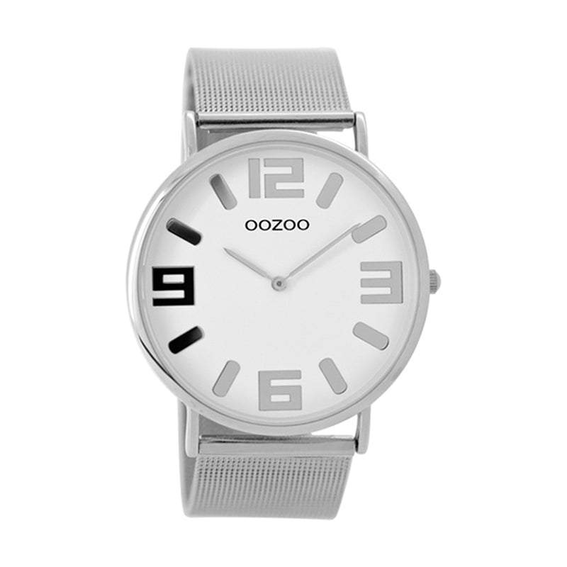 OOZOO Uhr Ultra Slim Flach Mesh-Armband Edelstahl Zifferblatt Weiß 42 mm C8880