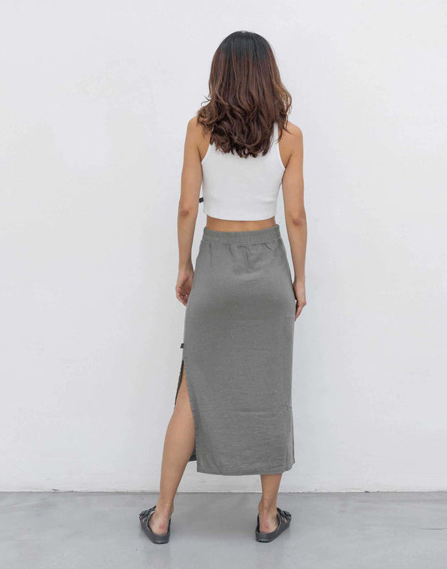 Outryght Midi-Rock Luisa Linen Grau Leinen-Viskose-Mix Seitenschlitz Flexibler Bund Rückseite
