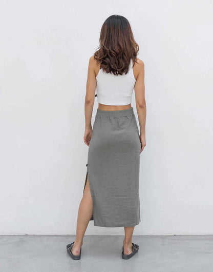 Outryght Midi-Rock Luisa Linen Grau Leinen-Viskose-Mix Seitenschlitz Flexibler Bund Rückseite