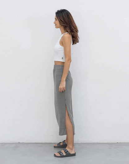 Outryght Midi-Rock Luisa Linen Grau Leinen-Viskose-Mix Seitenschlitz Flexibler Bund Seitlich