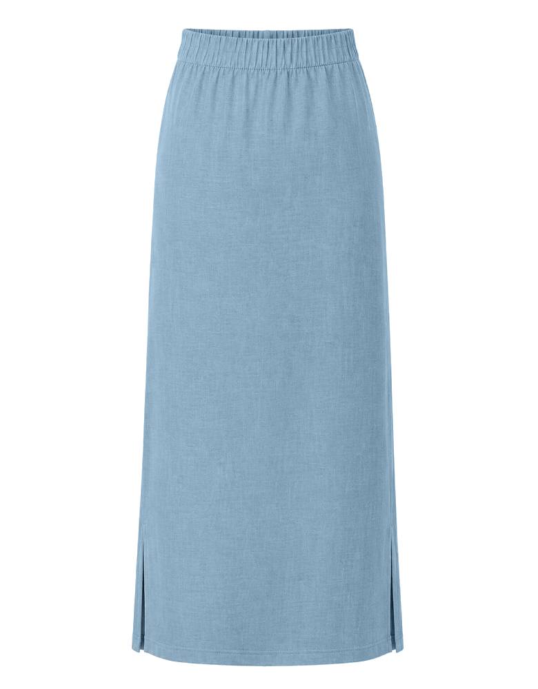 Outryght Midi-Rock Luisa Linen Smoked Blue Denim-Blau Leinen-Viskose-Mix Seitenschlitz Flexibler Bund