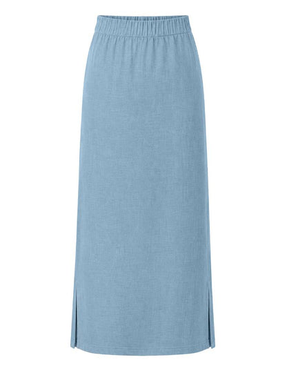 Outryght Midi-Rock Luisa Linen Smoked Blue Denim-Blau Leinen-Viskose-Mix Seitenschlitz Flexibler Bund