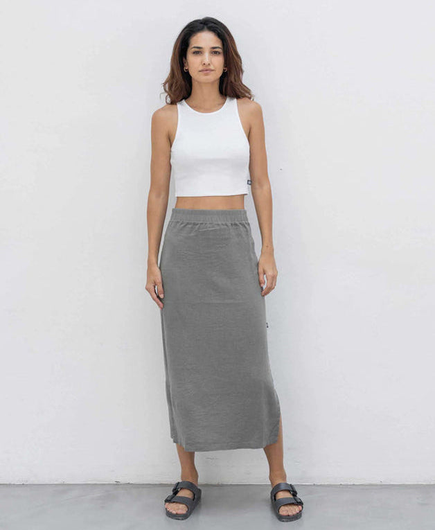 Outryght Midi-Rock Luisa Linen Grau Leinen-Viskose-Mix Seitenschlitz Flexibler Bund Model