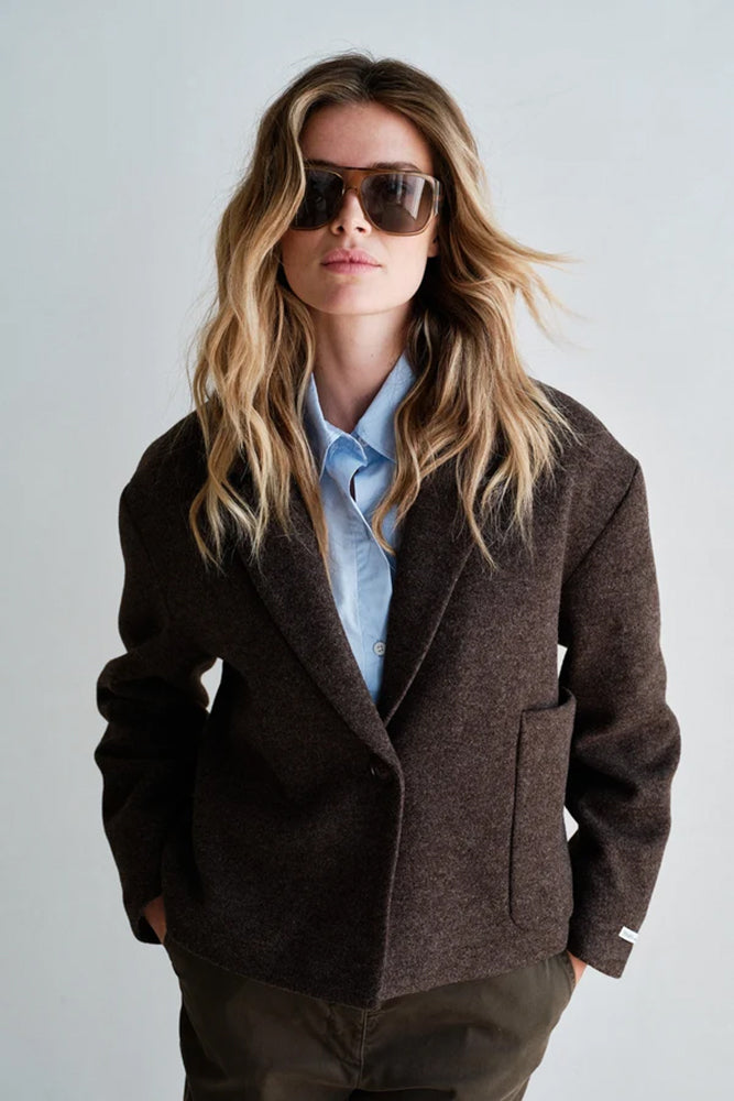PENN&INK N.Y Blazer-Jacke Braun Wollmischung Melange-Optik Relaxed-Fit Gefüttert Model