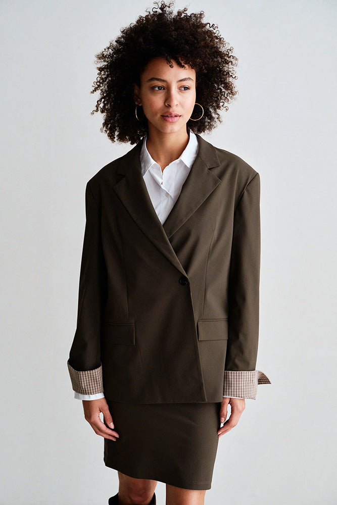 PENN&INK N.Y Blazer Braun Anthrazit Travel-Quality Relaxed-Fit Karo-Manschetten Model