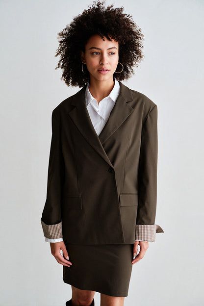 PENN&INK N.Y Blazer Braun Anthrazit Travel-Quality Relaxed-Fit Karo-Manschetten Model