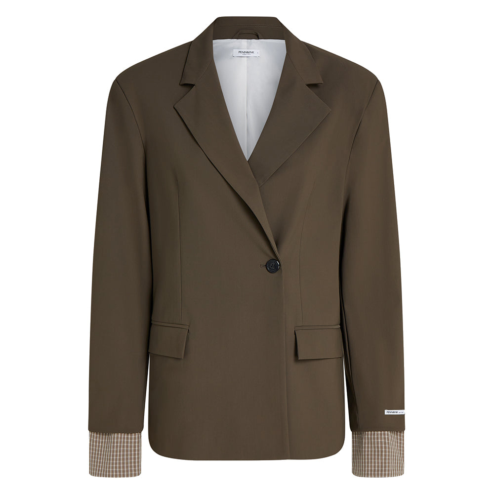 PENN&INK N.Y Blazer Braun Anthrazit Travel-Quality Relaxed-Fit Karo-Manschetten