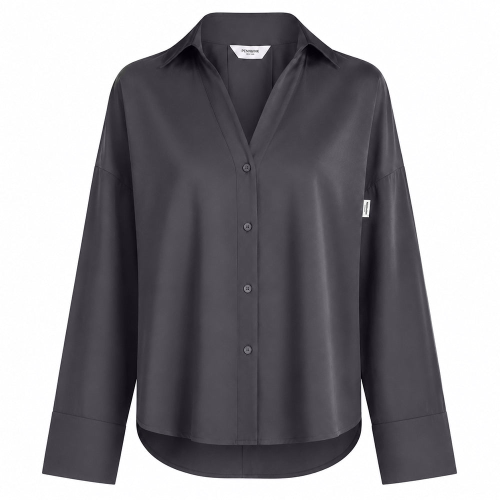 PENN&INK N.Y Bluse Anthrazit Travel-Quality Regular-Fit Hemdkragen Verlängertes Rückenteil