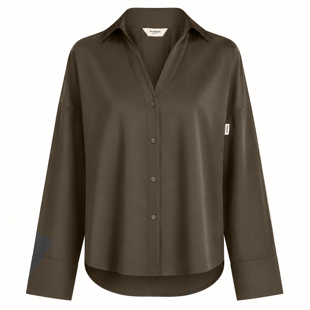 PENN&INK N.Y Bluse Braun Travel-Quality Regular-Fit Hemdkragen Verlängertes Rückenteil