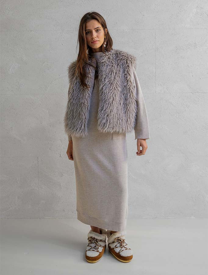 Ärmellose Fellweste Fake-Fur Boho 100% Polyester Lammfell-Optik Grey