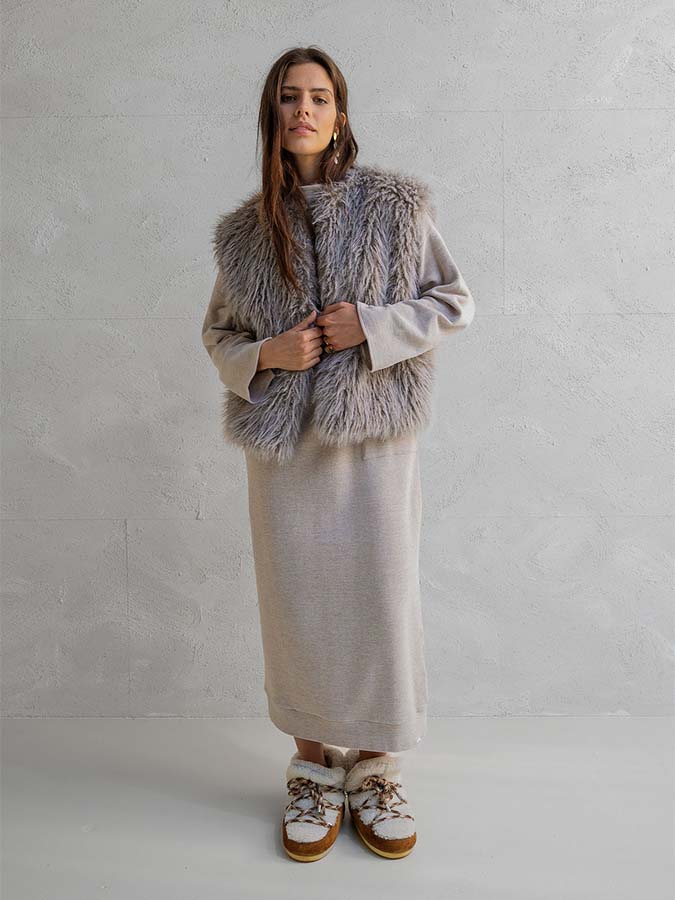Ärmellose Fellweste Fake-Fur Boho 100% Polyester Lammfell-Optik Grau