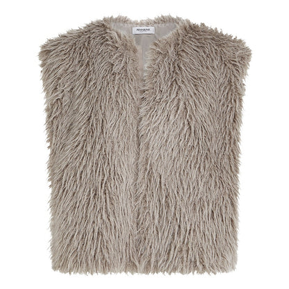 Ärmellose Weste Fake-Fur Boho 100% Polyester Kunstfell Lammfell-Optik Grau