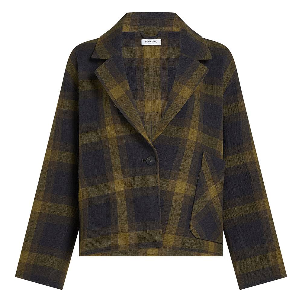 PENN&INK N.Y Karo-Blazer-Jacke Check Baumwoll-Leinen-Mix Relaxed-Fit Gefüttert